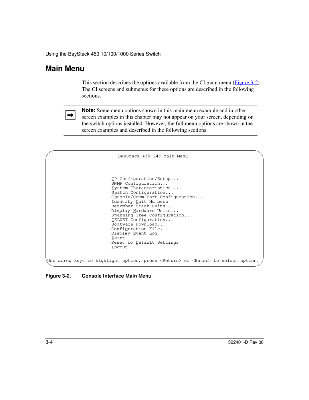 Nortel Networks 450 manual Console Interface Main Menu 