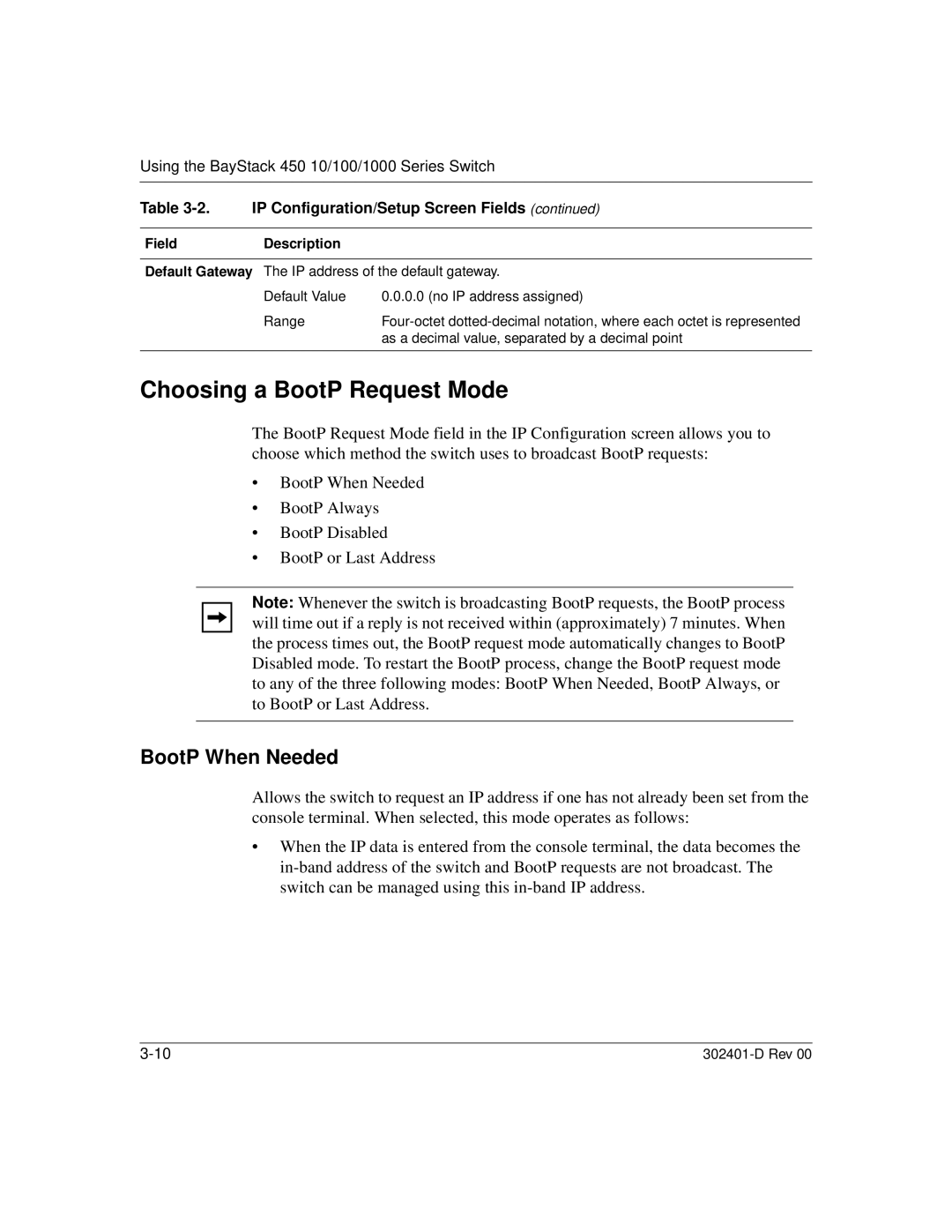 Nortel Networks 450 manual Choosing a BootP Request Mode, BootP When Needed, FieldDescription 