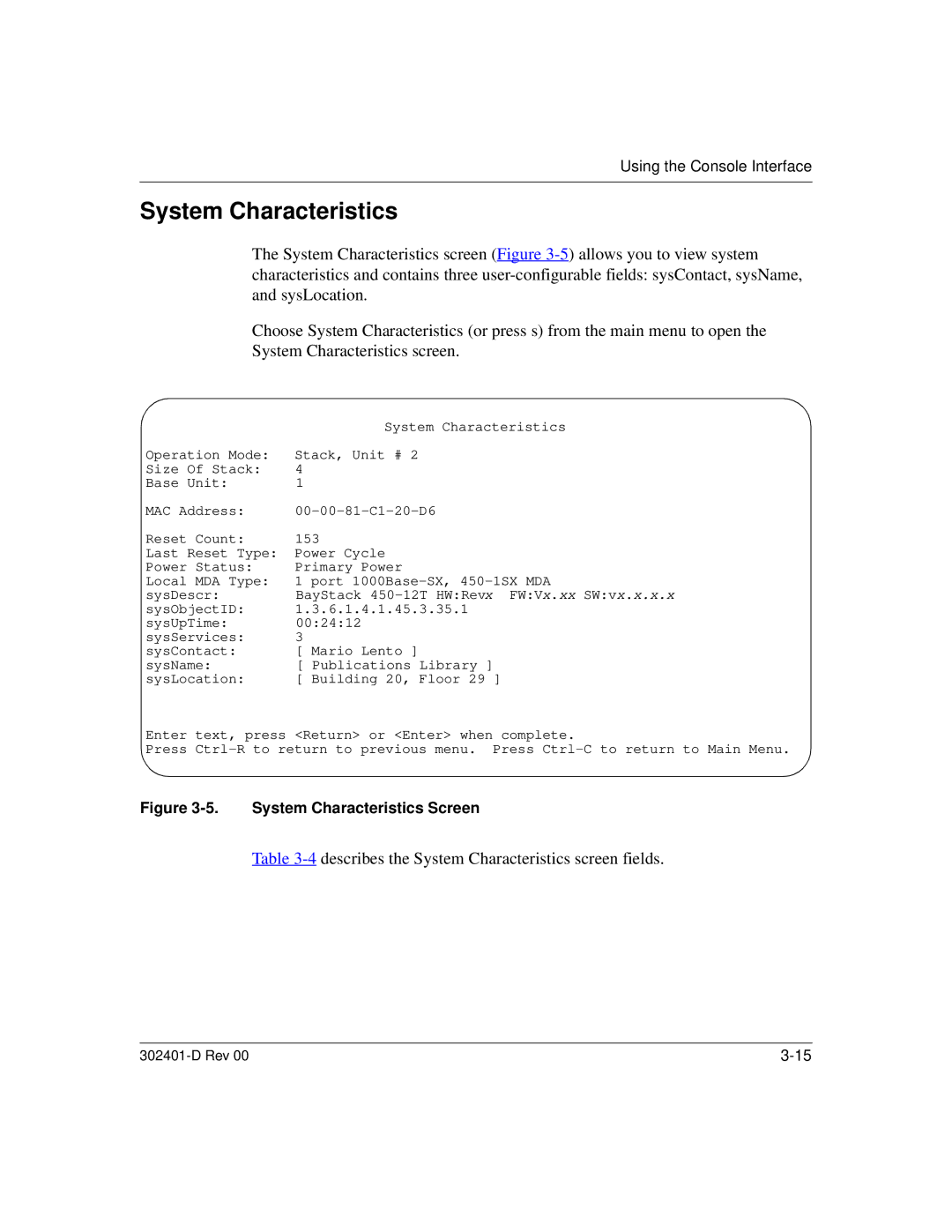 Nortel Networks 450 manual Describes the System Characteristics screen fields 