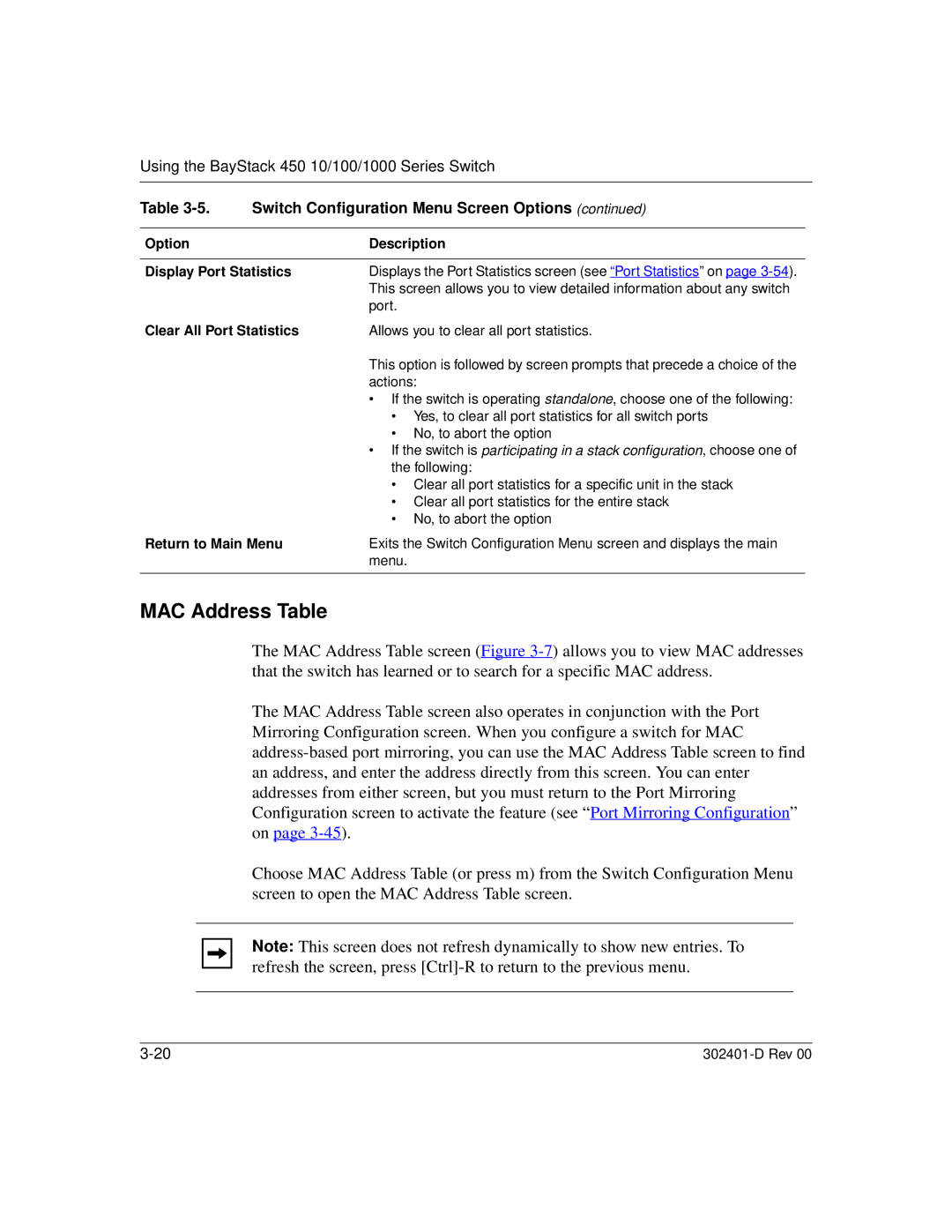 Nortel Networks 450 manual MAC Address Table, Option Description Display Port Statistics, Clear All Port Statistics 