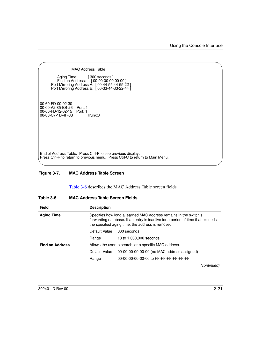 Nortel Networks 450 manual Describes the MAC Address Table screen fields, MAC Address Table Screen Fields, Find an Address 