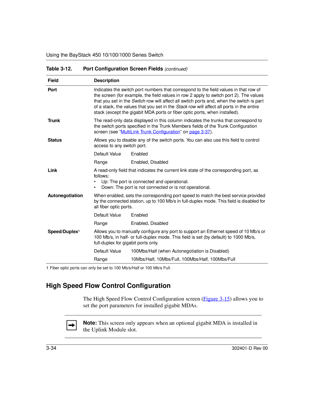 Nortel Networks 450 manual High Speed Flow Control Configuration, Autonegotiation, Speed/Duplex1 