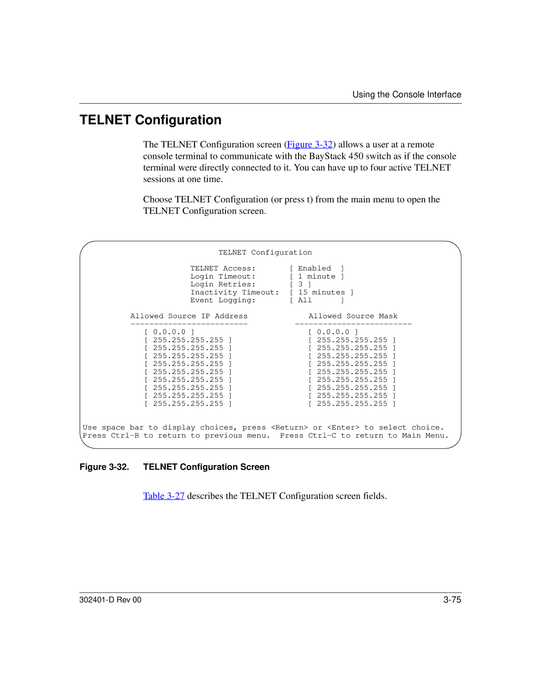 Nortel Networks 450 manual describes the Telnet Configuration screen fields 