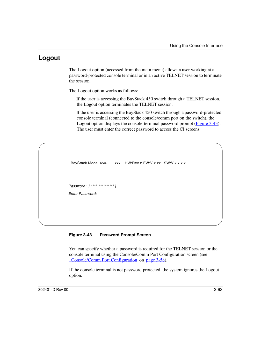 Nortel Networks 450 manual Logout, Password Prompt Screen 