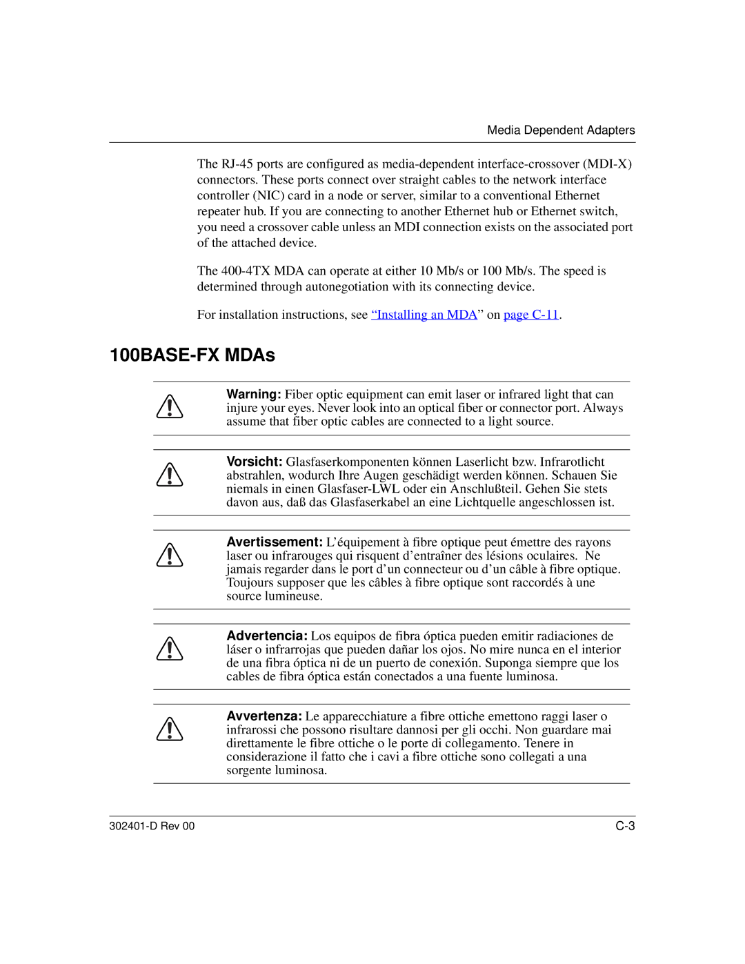 Nortel Networks 450 manual 100BASE-FX MDAs 