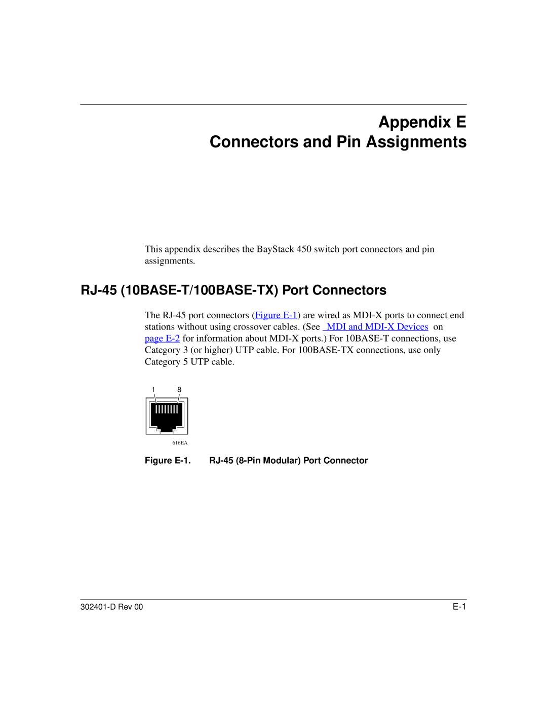 Nortel Networks 450 manual RJ-45 10BASE-T/100BASE-TX Port Connectors, Figure E-1. RJ-45 8-Pin Modular Port Connector 