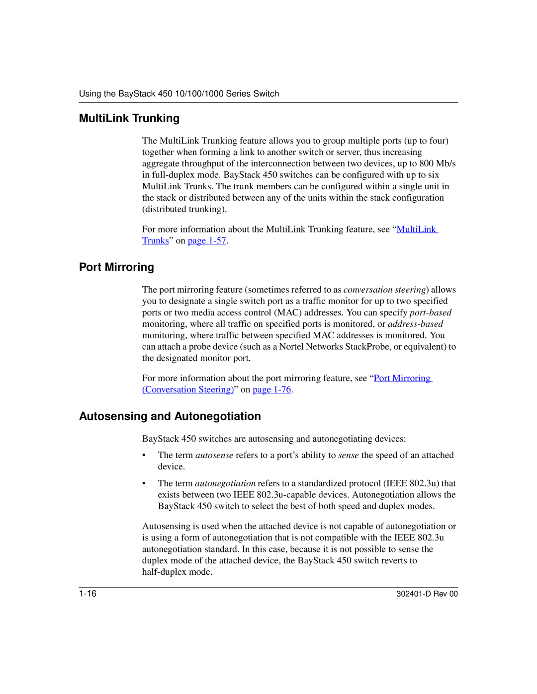 Nortel Networks 450 manual MultiLink Trunking, Port Mirroring, Autosensing and Autonegotiation 