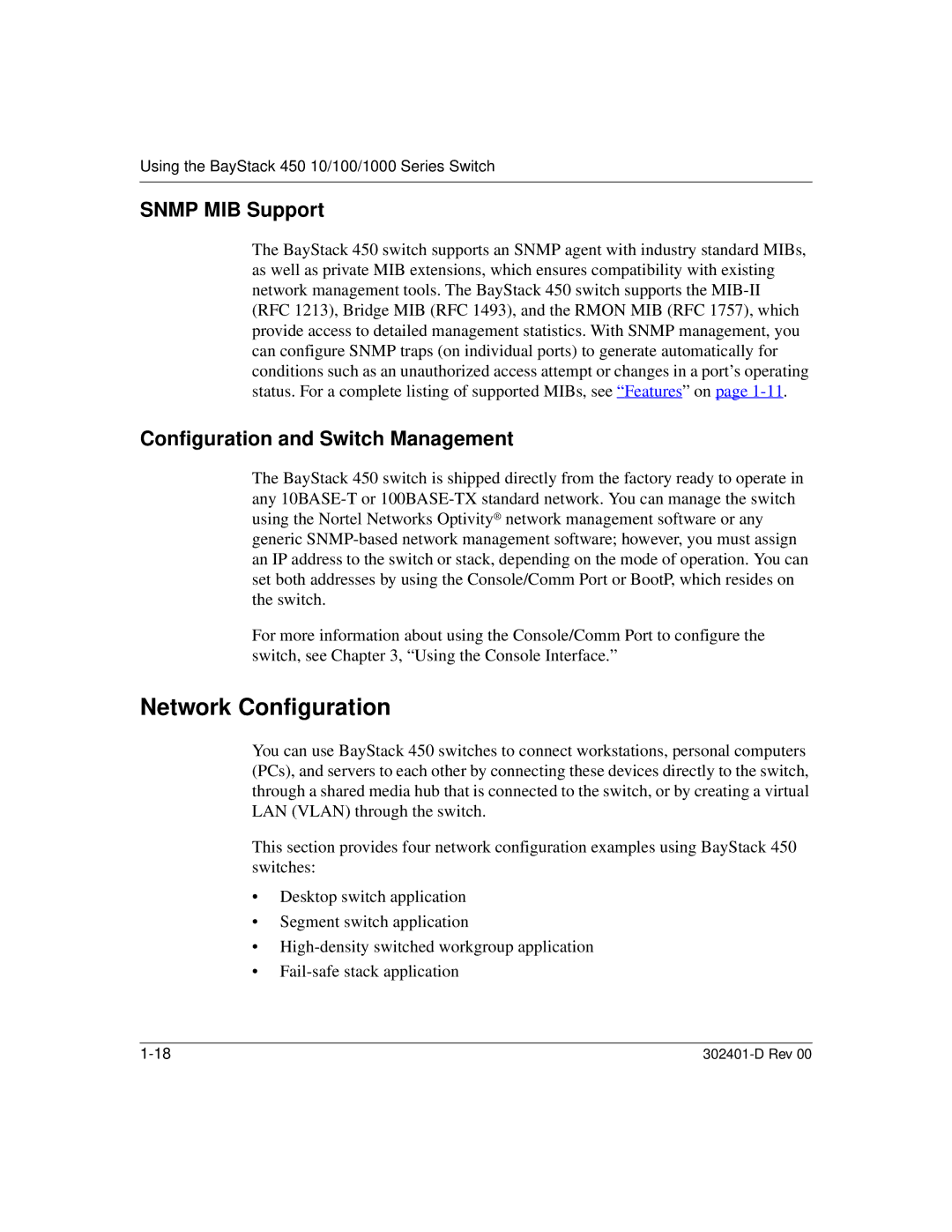 Nortel Networks 450 manual Network Configuration, Snmp MIB Support, Configuration and Switch Management 