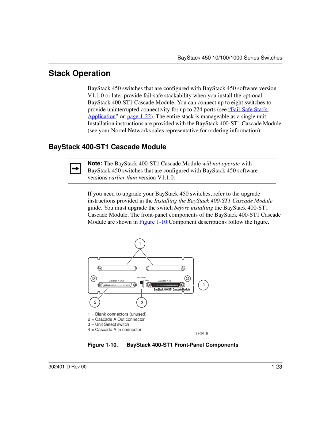 Nortel Networks 450 manual Stack Operation, BayStack 400-ST1 Cascade Module 