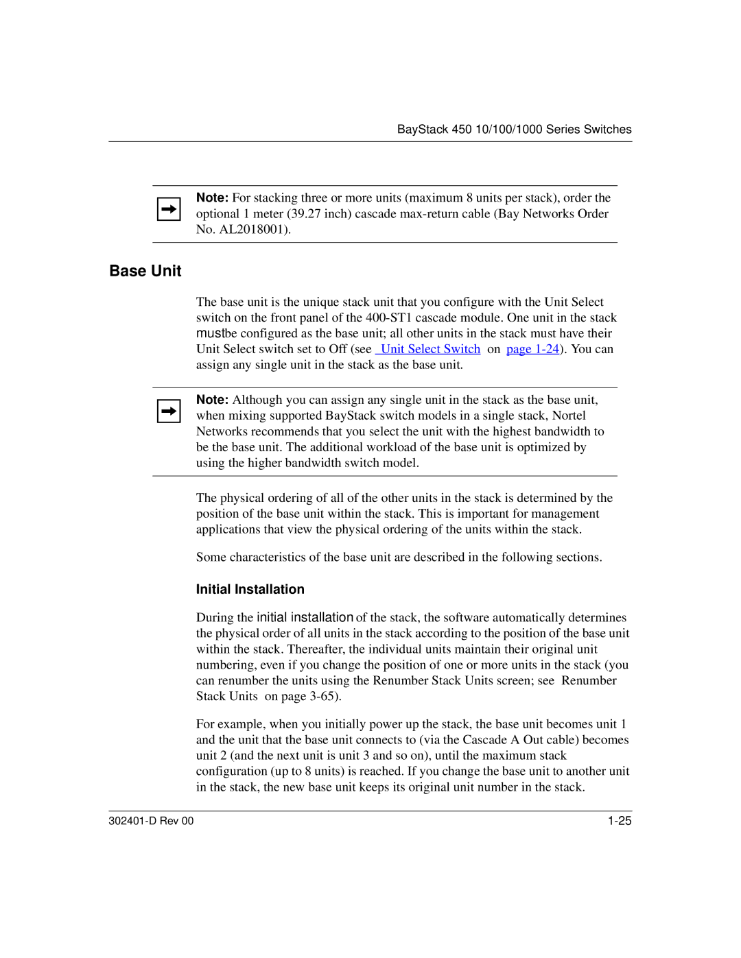 Nortel Networks 450 manual Base Unit, Initial Installation 