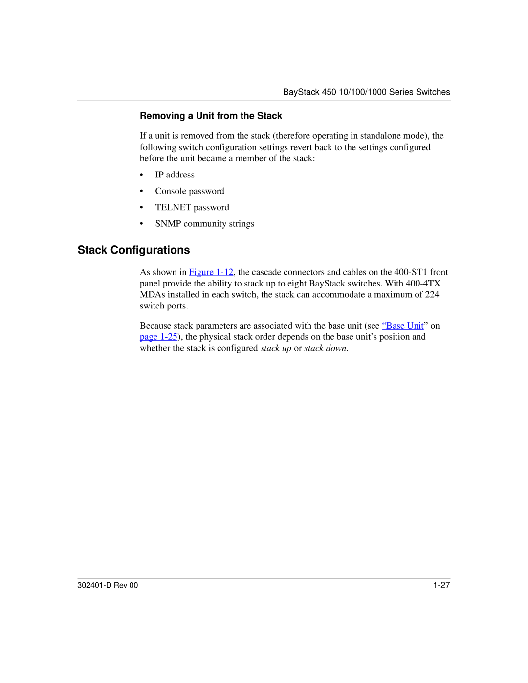 Nortel Networks 450 manual Stack Configurations, Removing a Unit from the Stack 