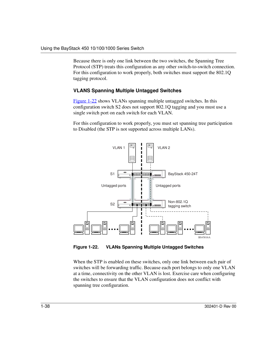 Nortel Networks 450 manual Vlans Spanning Multiple Untagged Switches, VLANs Spanning Multiple Untagged Switches 