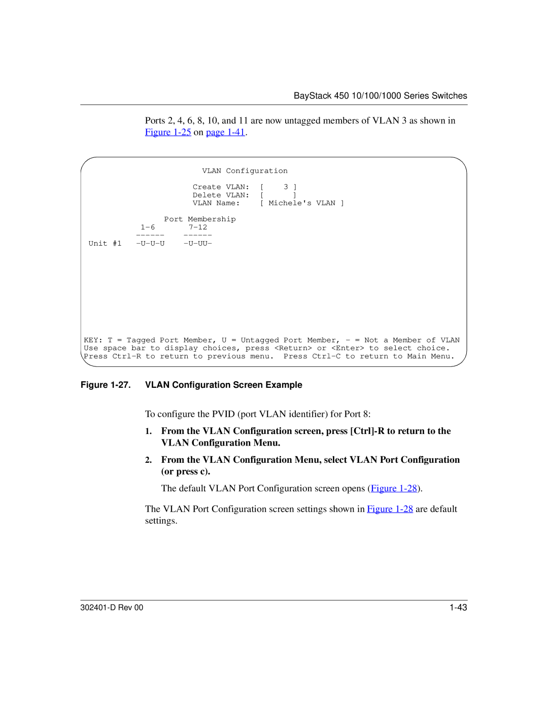 Nortel Networks 450 manual To configure the Pvid port Vlan identifier for Port, Vlan Configuration Screen Example 