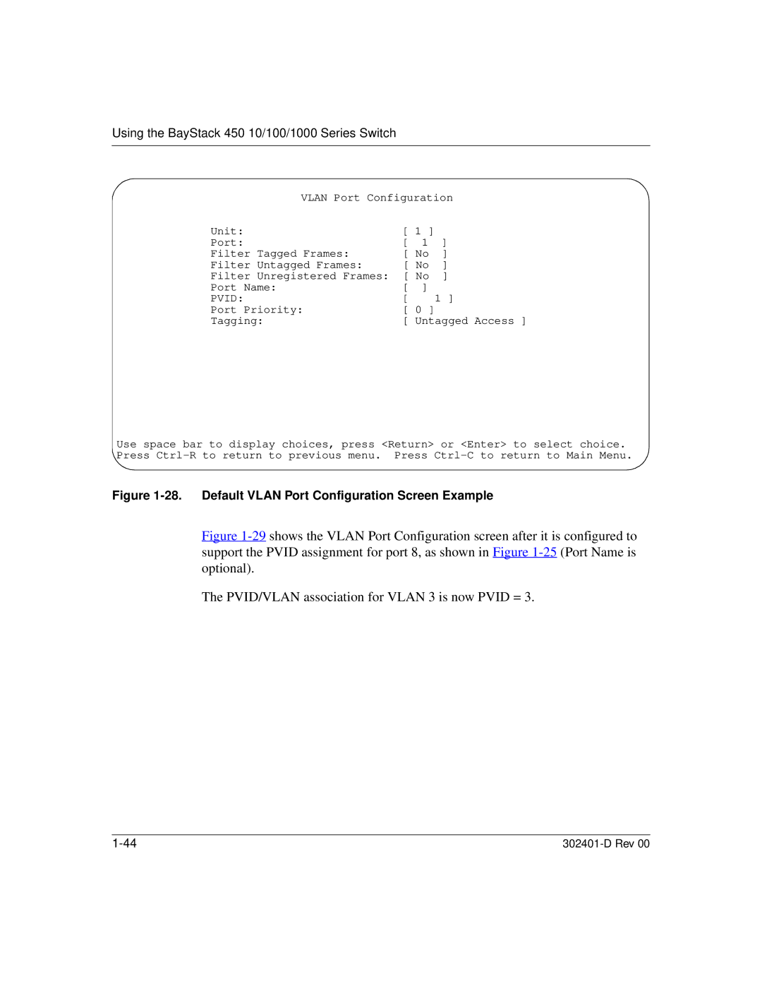 Nortel Networks 450 manual Default Vlan Port Configuration Screen Example 