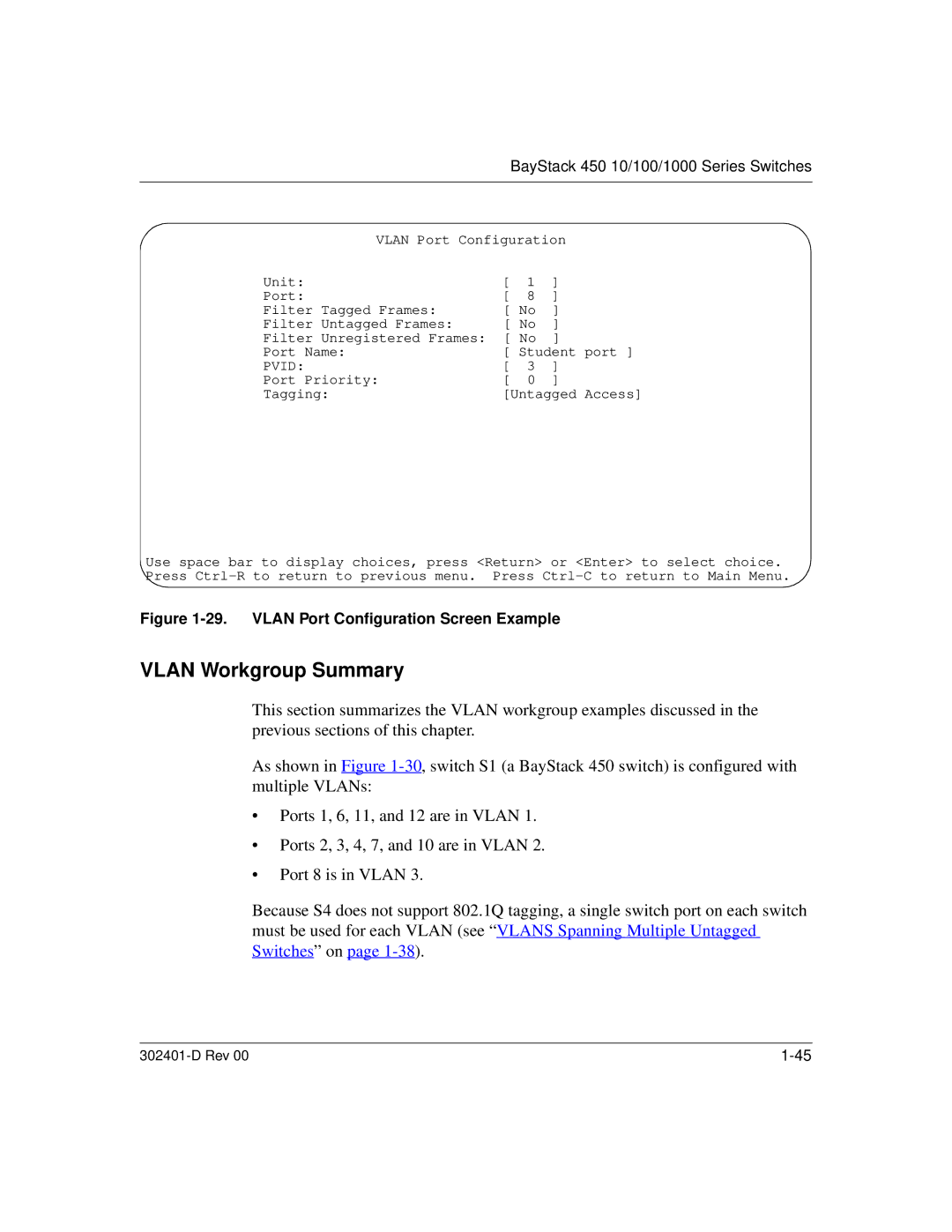 Nortel Networks 450 manual Vlan Workgroup Summary, Vlan Port Configuration Screen Example 