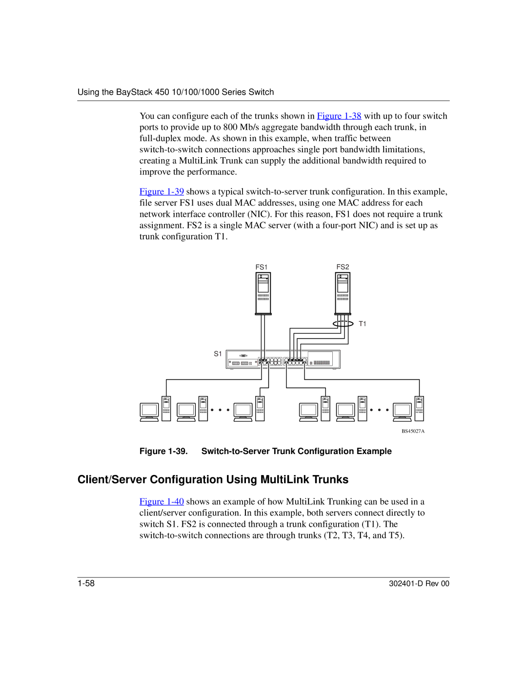 Nortel Networks 450 manual Client/Server Configuration Using MultiLink Trunks, Switch-to-Server Trunk Configuration Example 