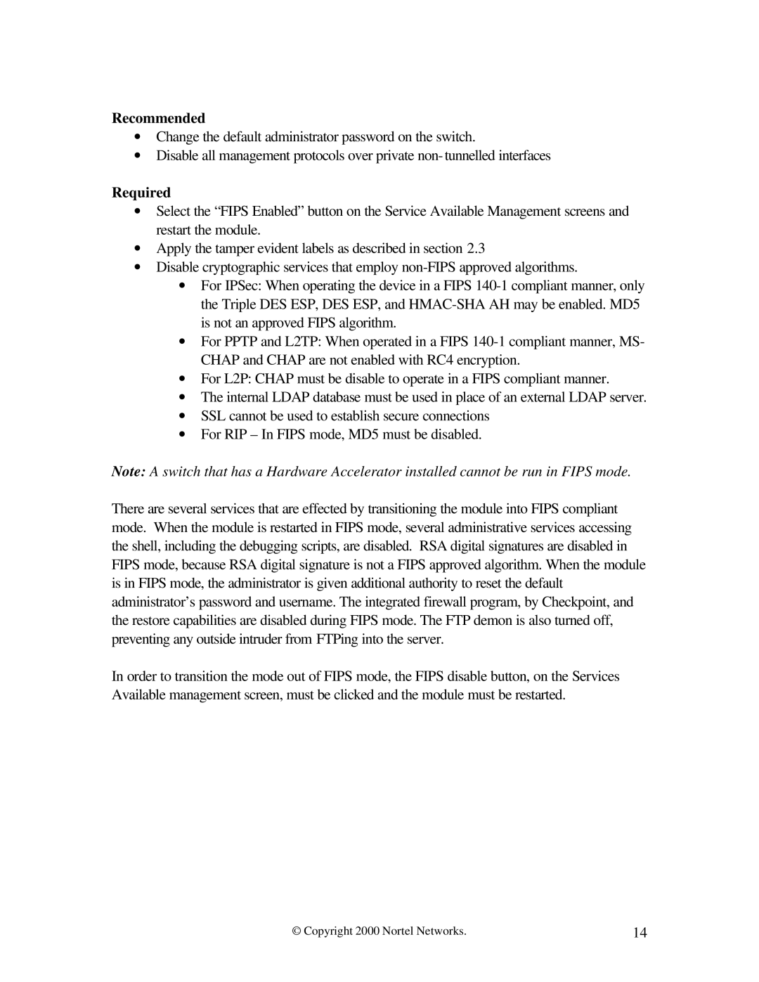 Nortel Networks 4500 FIPS manual Recommended, Required 