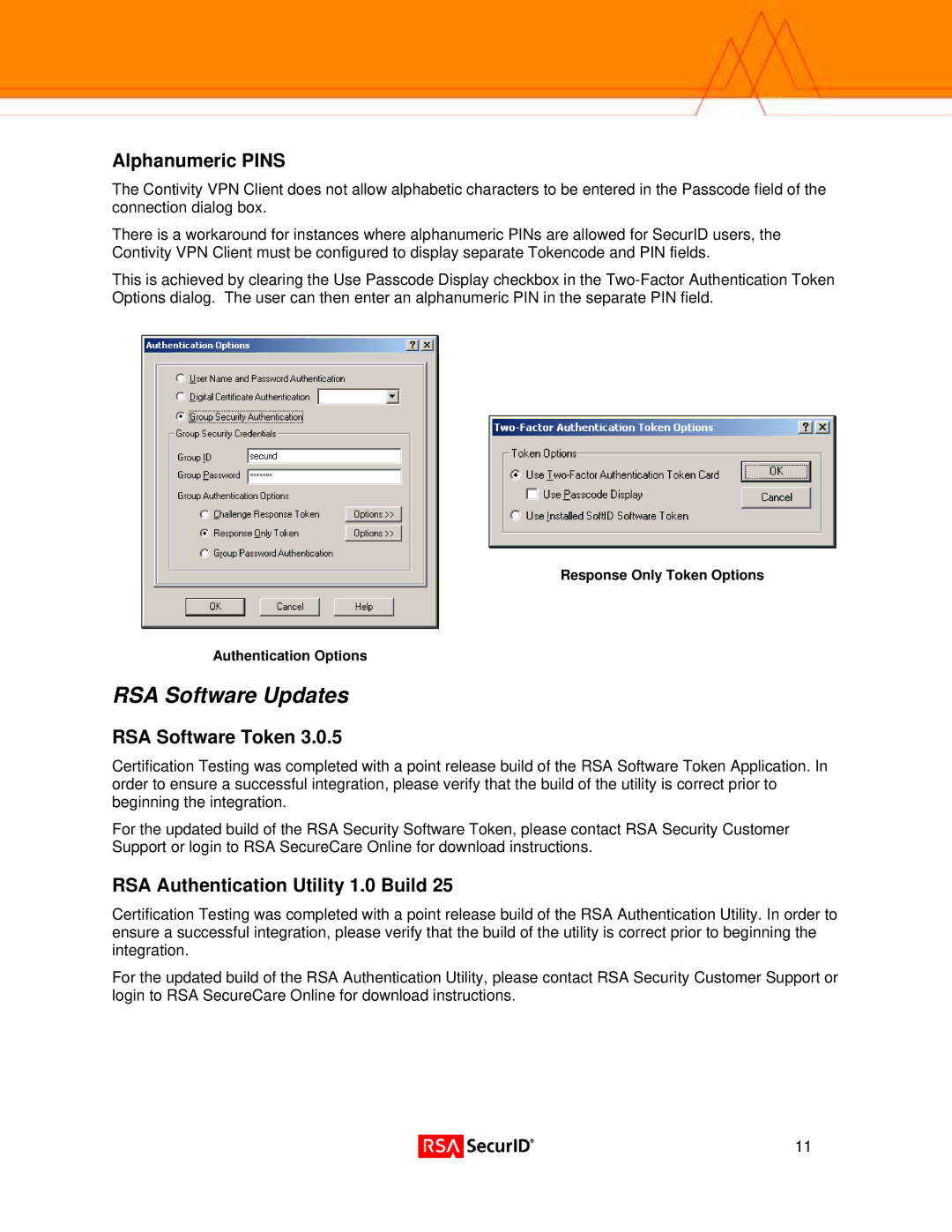 Nortel Networks 1050 RSA Software Updates, Alphanumeric Pins, RSA Software Token, RSA Authentication Utility 1.0 Build 