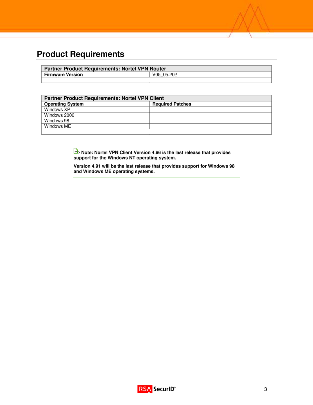 Nortel Networks 1050 Partner Product Requirements Nortel VPN Router, Partner Product Requirements Nortel VPN Client 