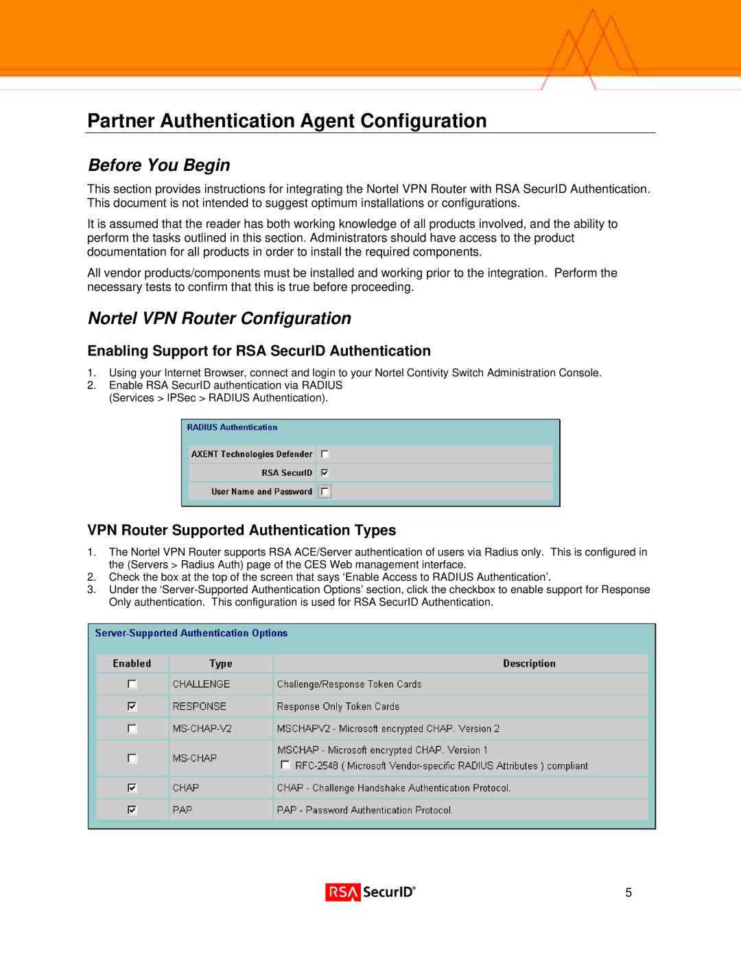 Nortel Networks 2700, 5000 Partner Authentication Agent Configuration, Before You Begin, Nortel VPN Router Configuration 