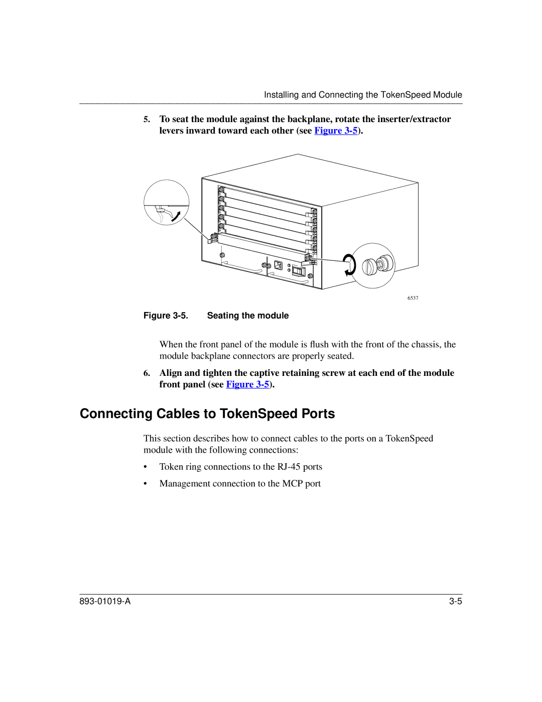 Nortel Networks 5000BH manual Connecting Cables to TokenSpeed Ports, Seating the module 