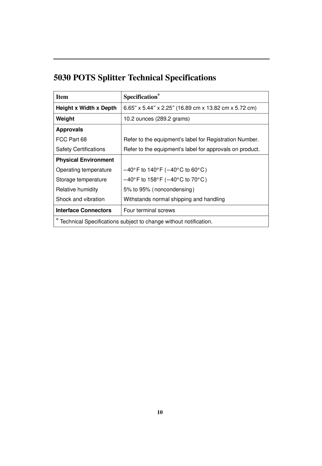 Nortel Networks 5030 installation instructions Pots Splitter Technical Specifications 