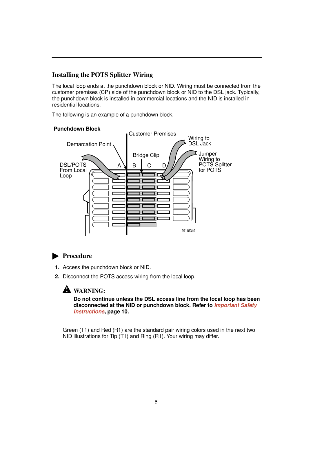 Nortel Networks 5030 installation instructions Installing the Pots Splitter Wiring, Punchdown Block 