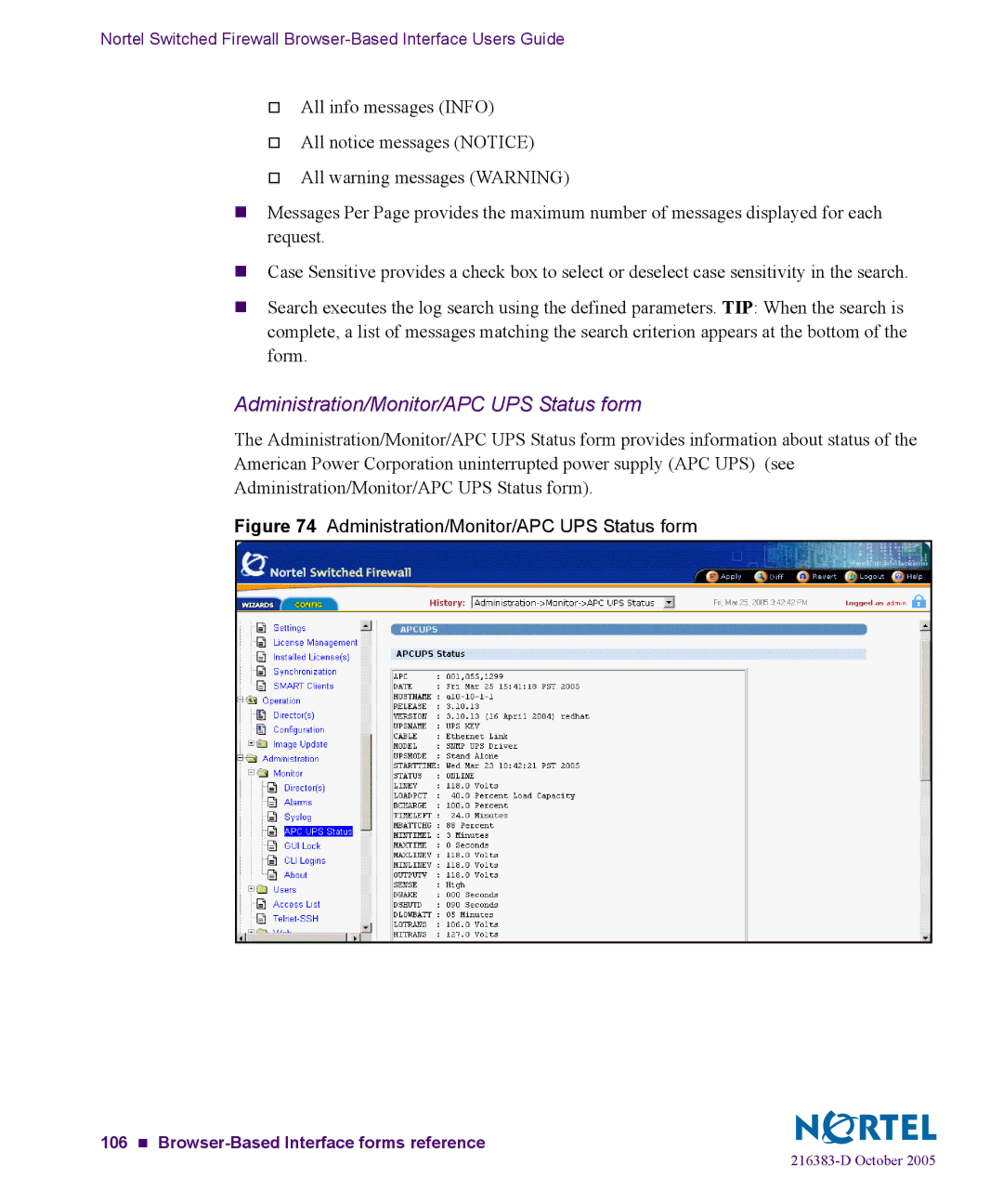 Nortel Networks 5100 manual Administration/Monitor/APC UPS Status form 