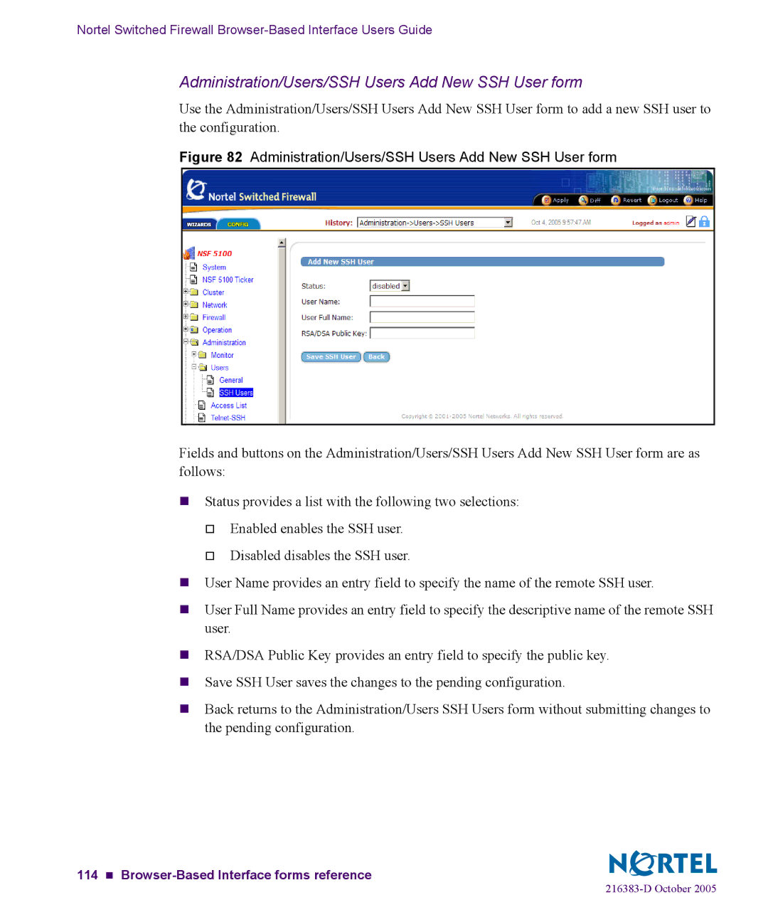 Nortel Networks 5100 manual Administration/Users/SSH Users Add New SSH User form 