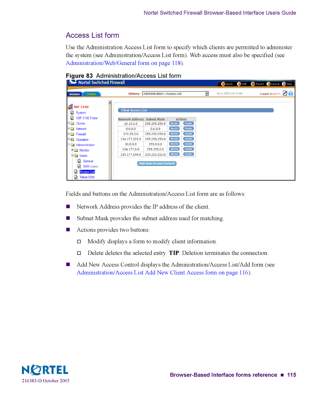 Nortel Networks 5100 manual Administration/Access List form 