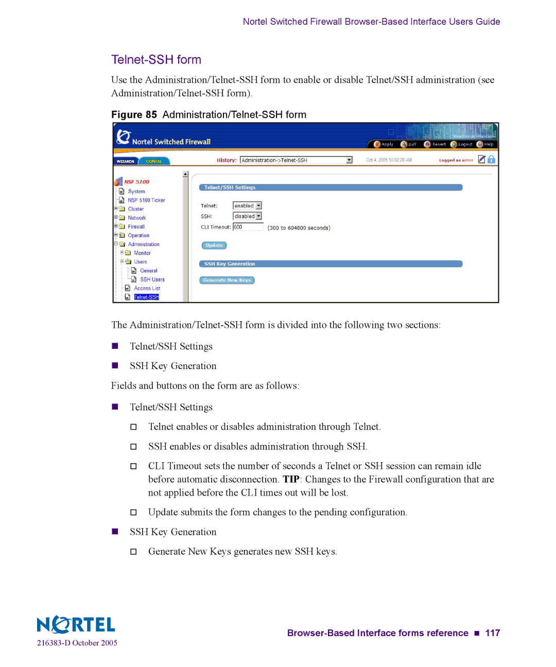 Nortel Networks 5100 manual Administration/Telnet-SSH form 