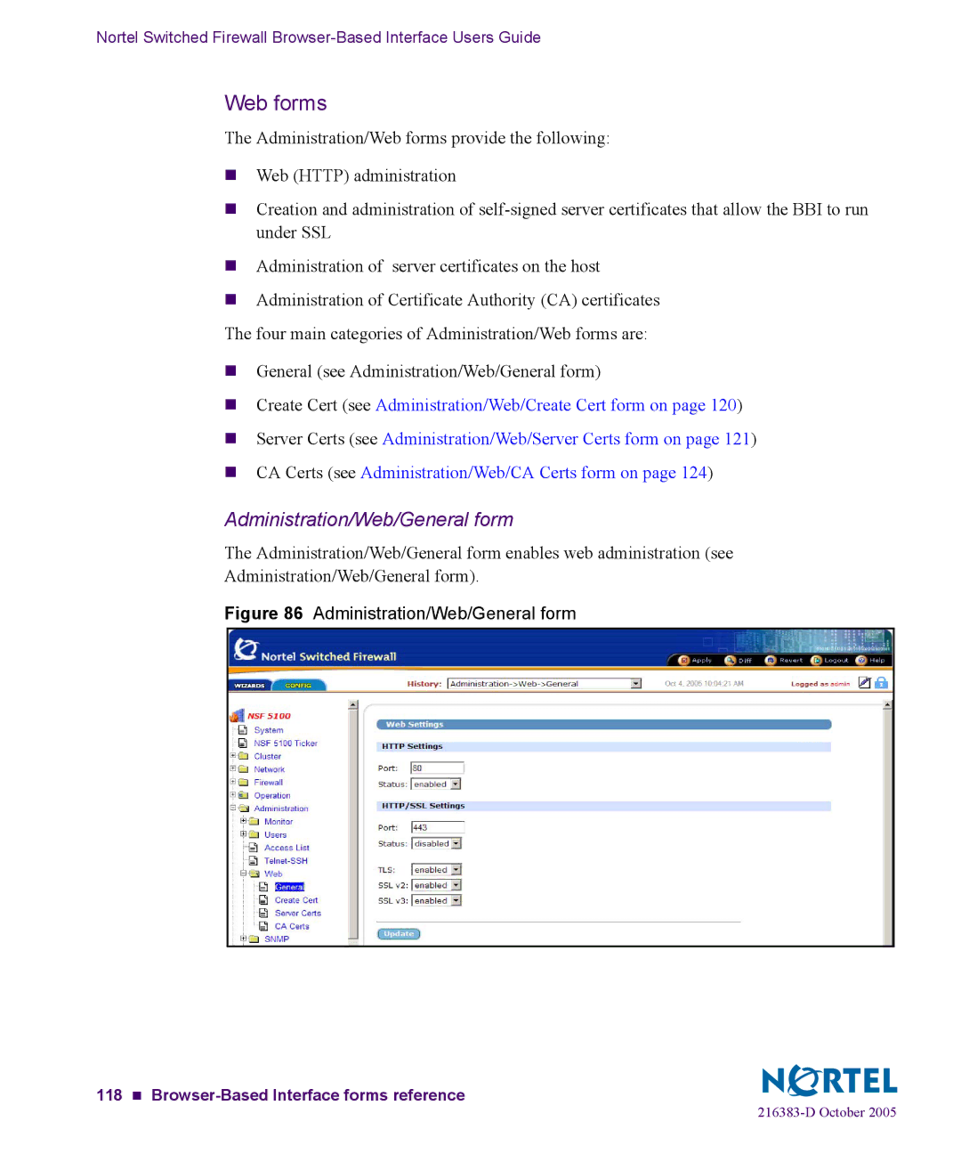 Nortel Networks 5100 manual Web forms, Administration/Web/General form 