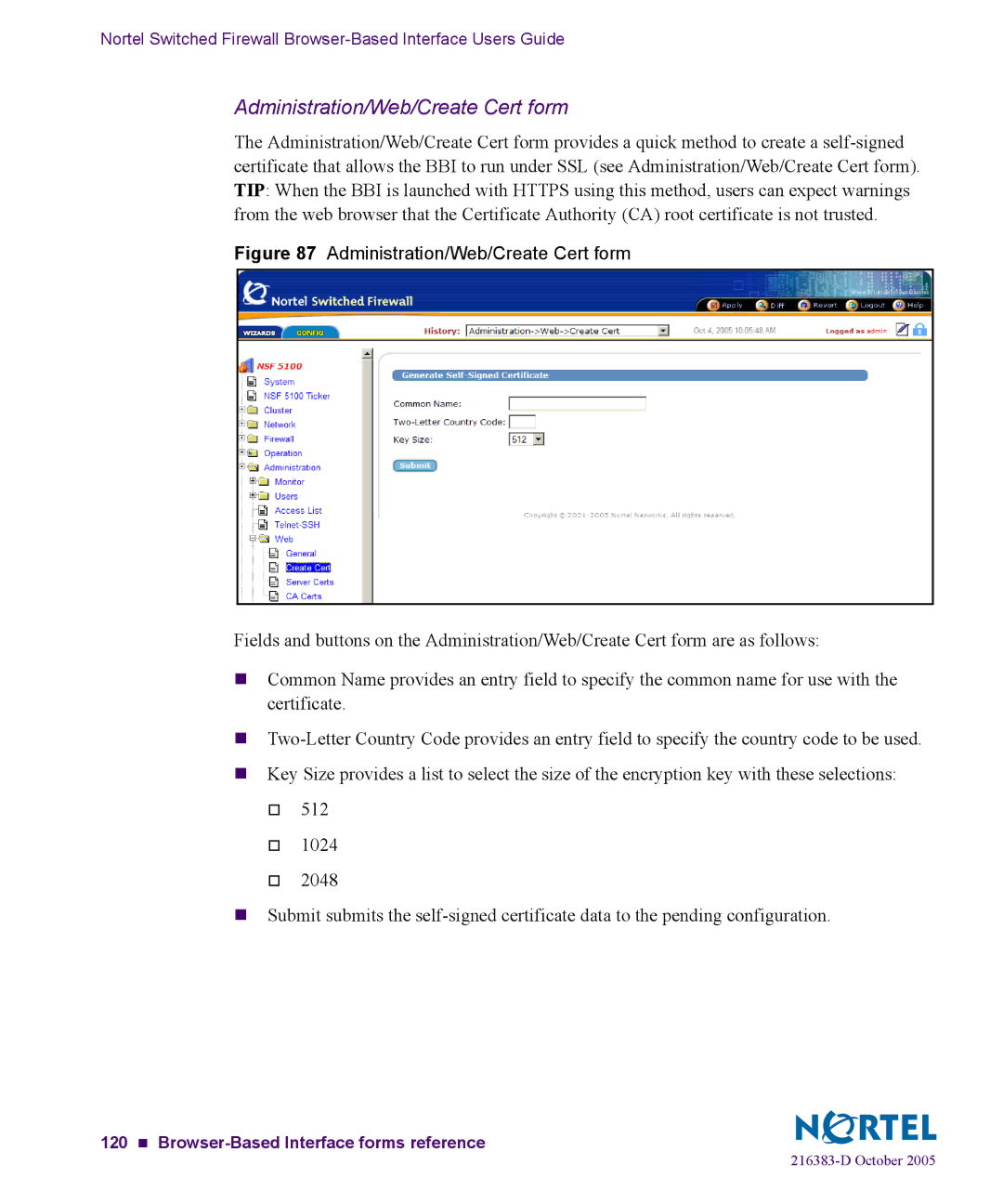 Nortel Networks 5100 manual Administration/Web/Create Cert form 