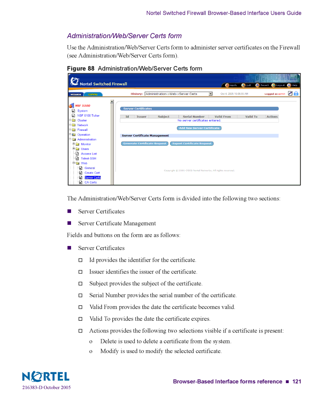 Nortel Networks 5100 manual Administration/Web/Server Certs form 