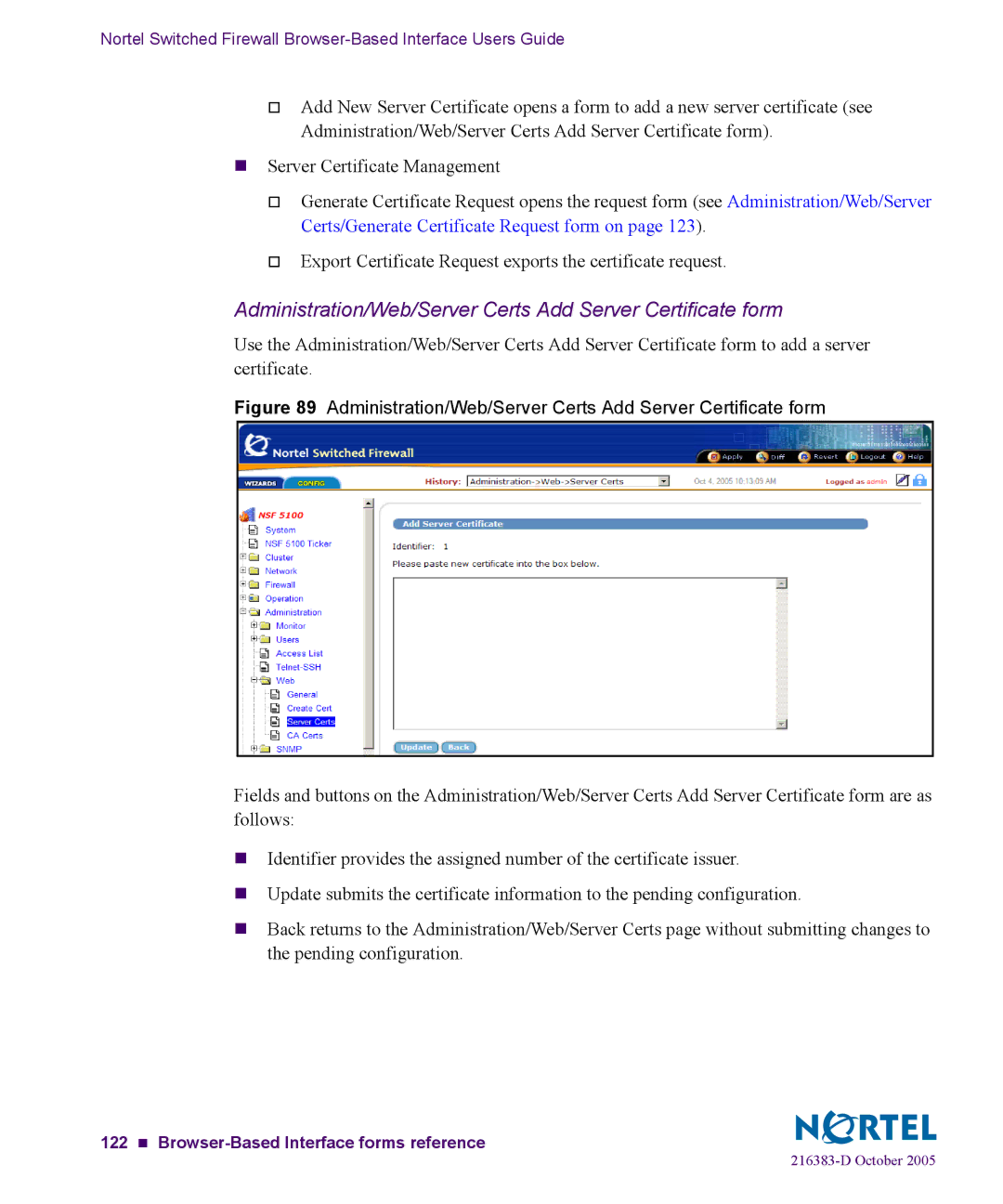 Nortel Networks 5100 manual Administration/Web/Server Certs Add Server Certificate form 