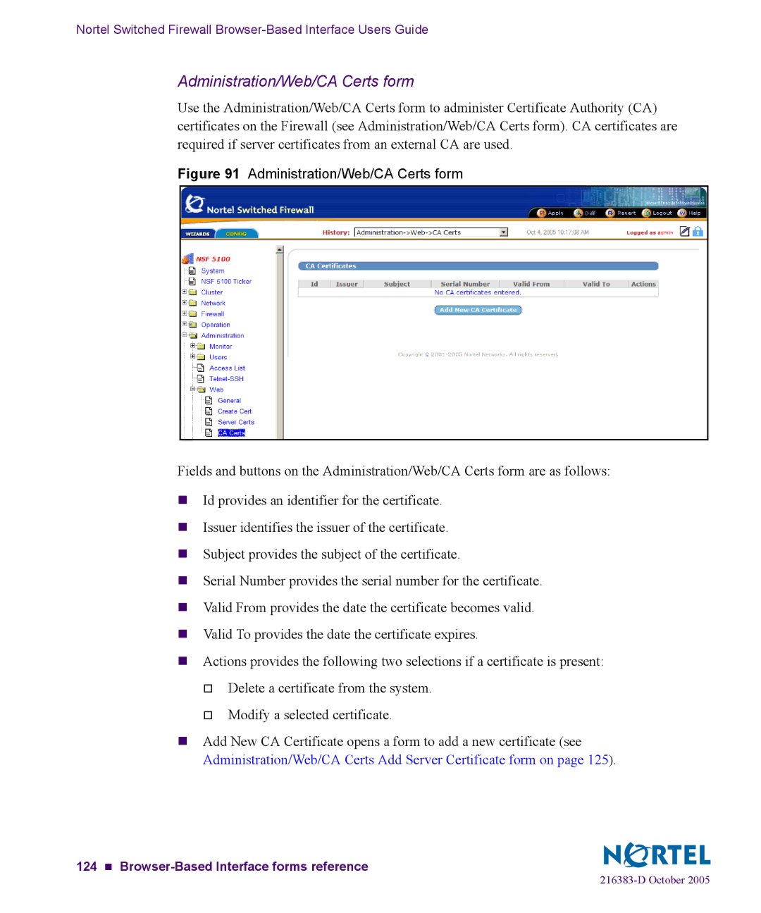 Nortel Networks 5100 manual Administration/Web/CA Certs form 