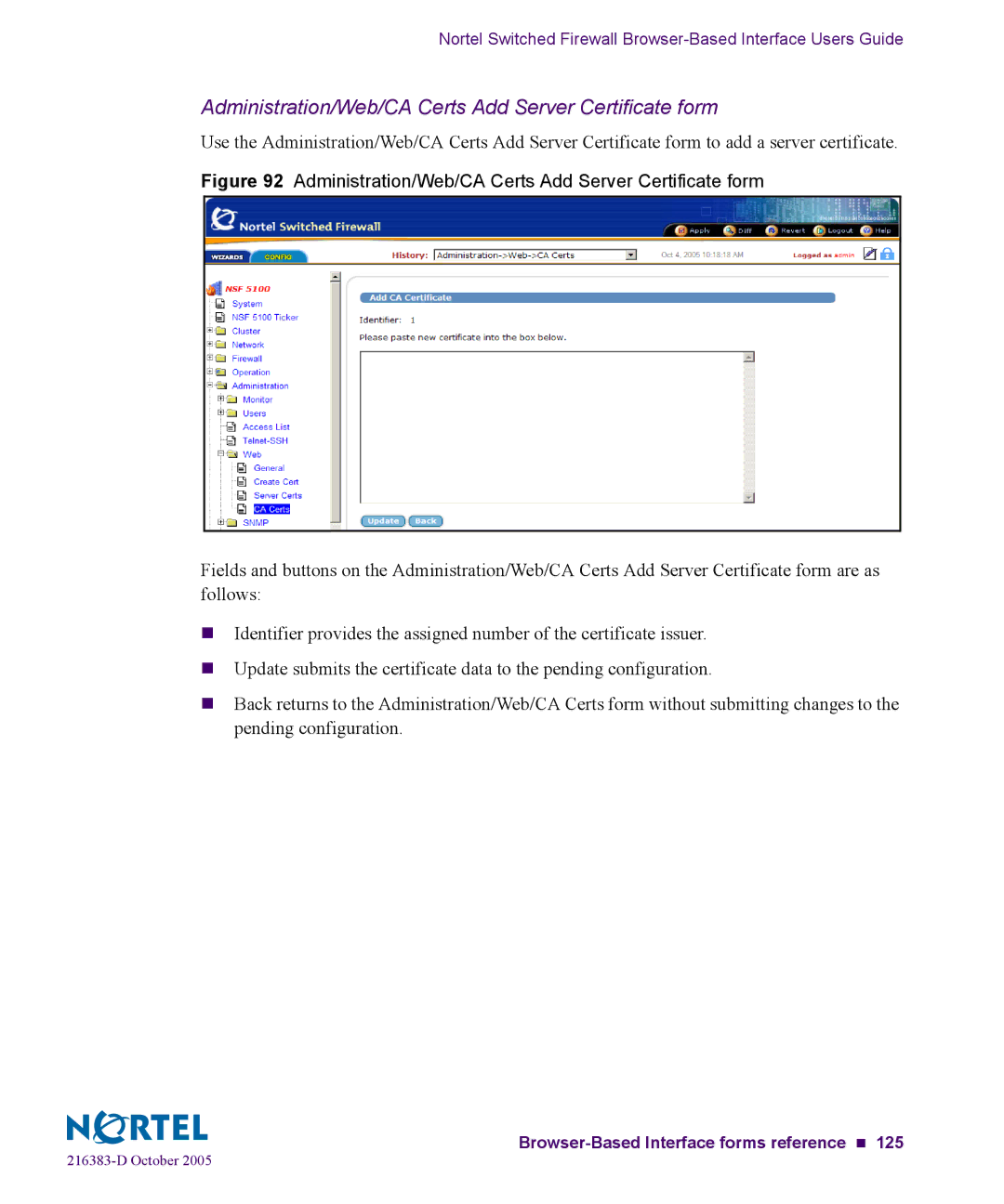 Nortel Networks 5100 manual Administration/Web/CA Certs Add Server Certificate form 