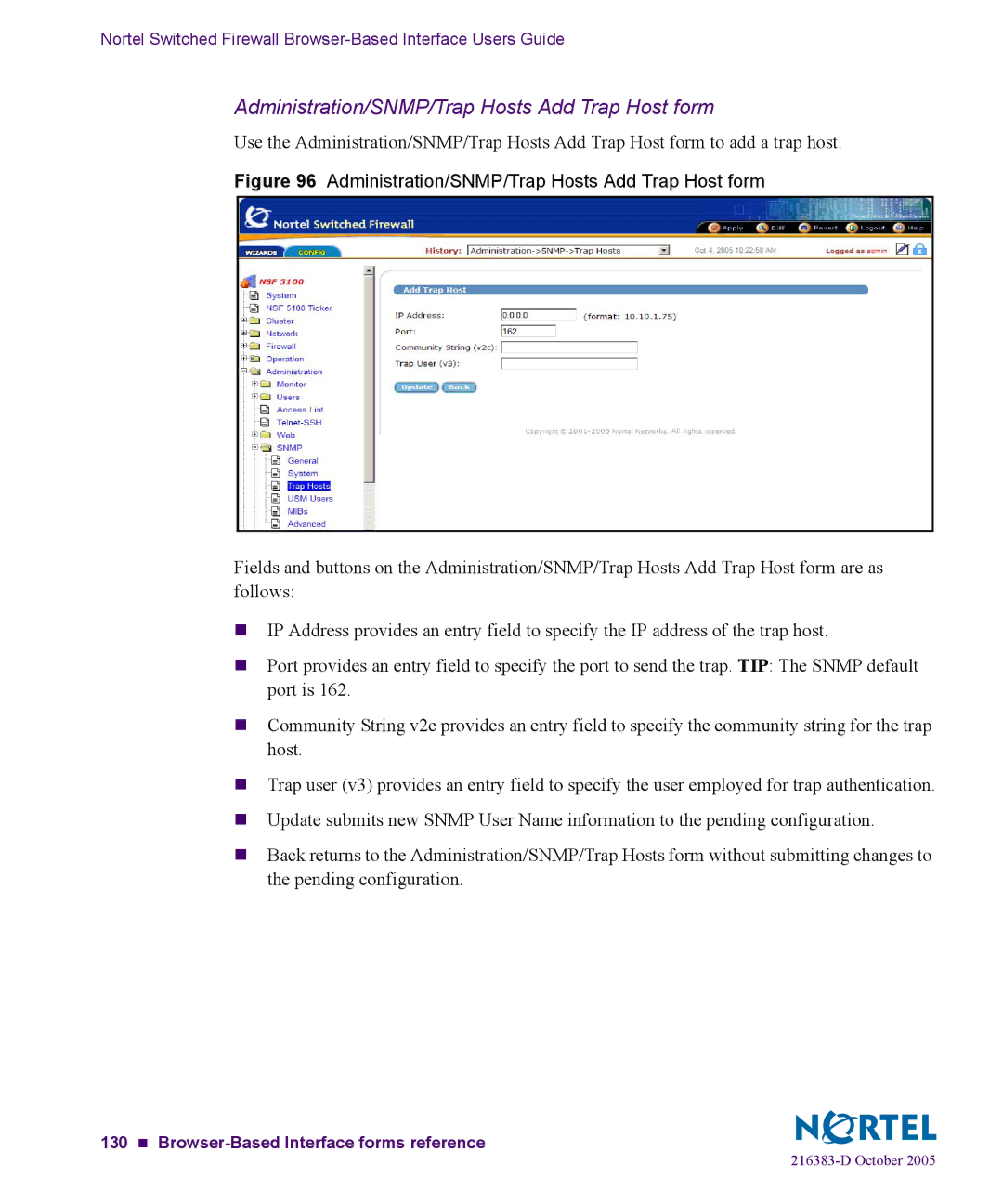 Nortel Networks 5100 manual Administration/SNMP/Trap Hosts Add Trap Host form 