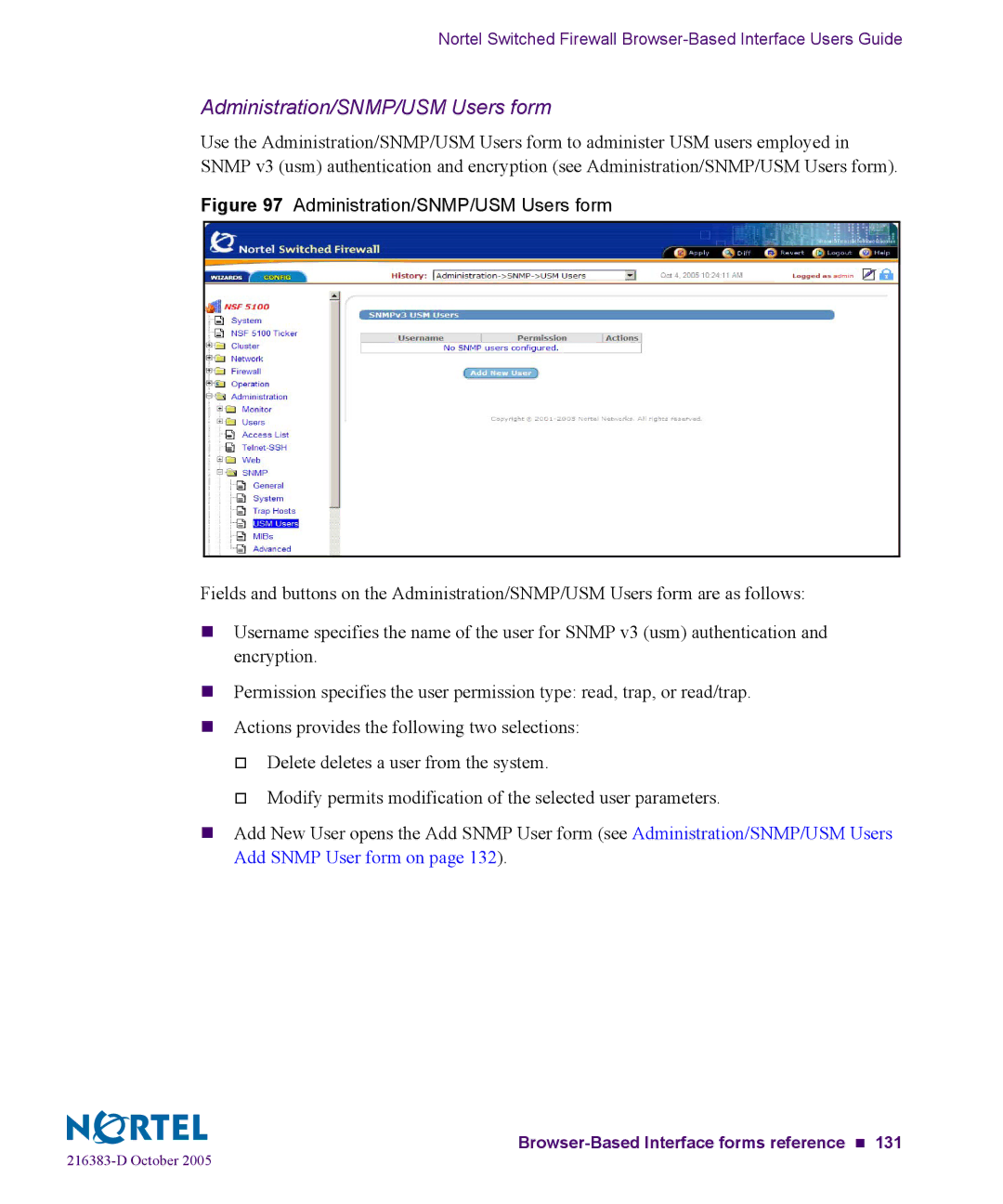 Nortel Networks 5100 manual Administration/SNMP/USM Users form 