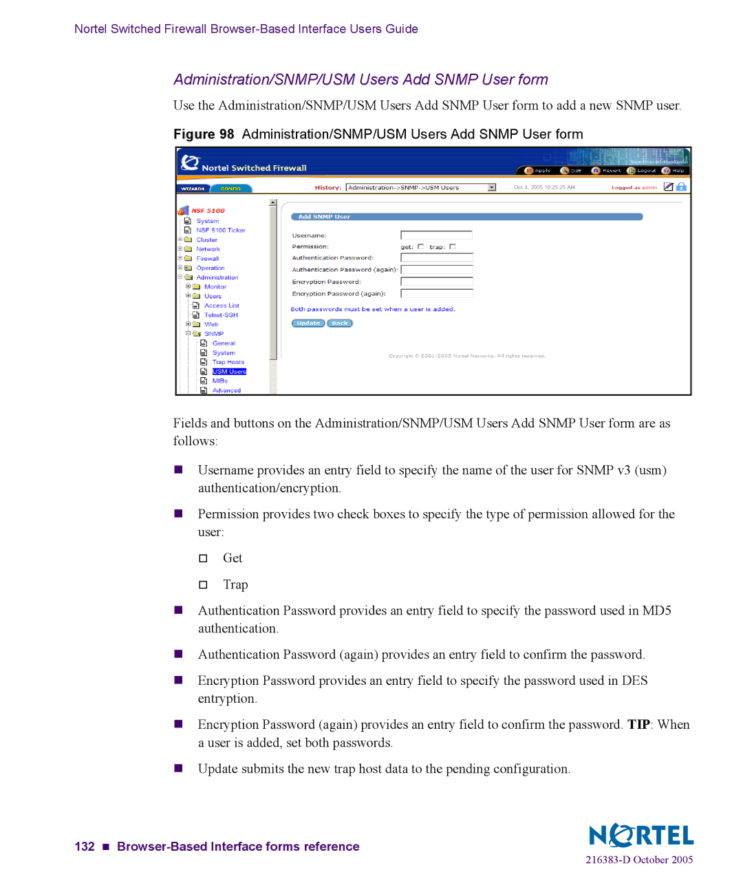 Nortel Networks 5100 manual Administration/SNMP/USM Users Add Snmp User form 