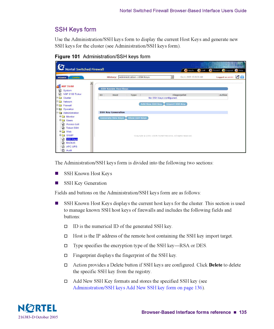 Nortel Networks 5100 manual SSH Keys form, Administration/SSH keys form 