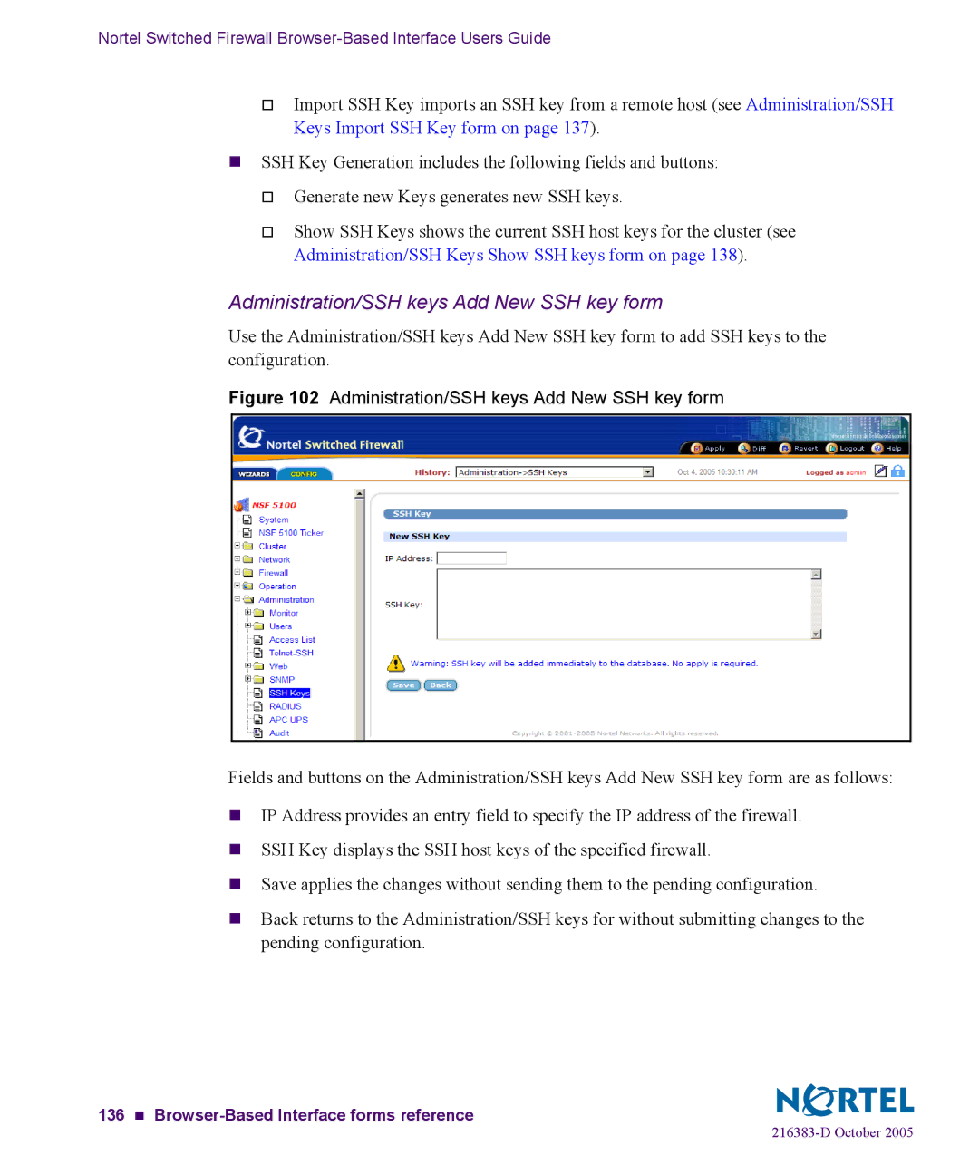 Nortel Networks 5100 manual Administration/SSH keys Add New SSH key form 
