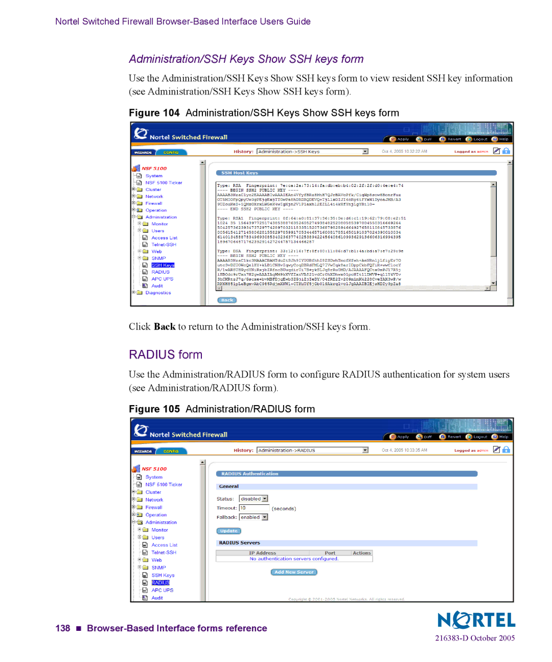 Nortel Networks 5100 manual Radius form, Administration/SSH Keys Show SSH keys form 