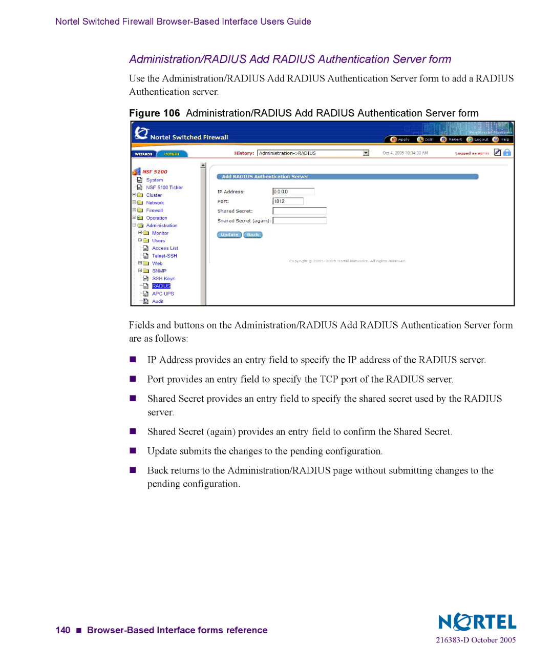 Nortel Networks 5100 manual Administration/RADIUS Add Radius Authentication Server form 