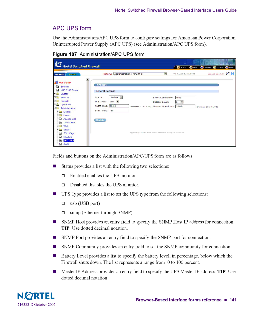 Nortel Networks 5100 manual Administration/APC UPS form 