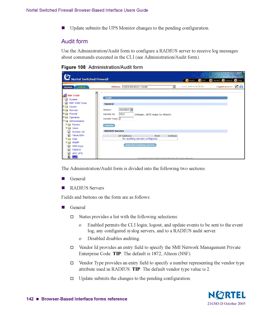 Nortel Networks 5100 manual Administration/Audit form 