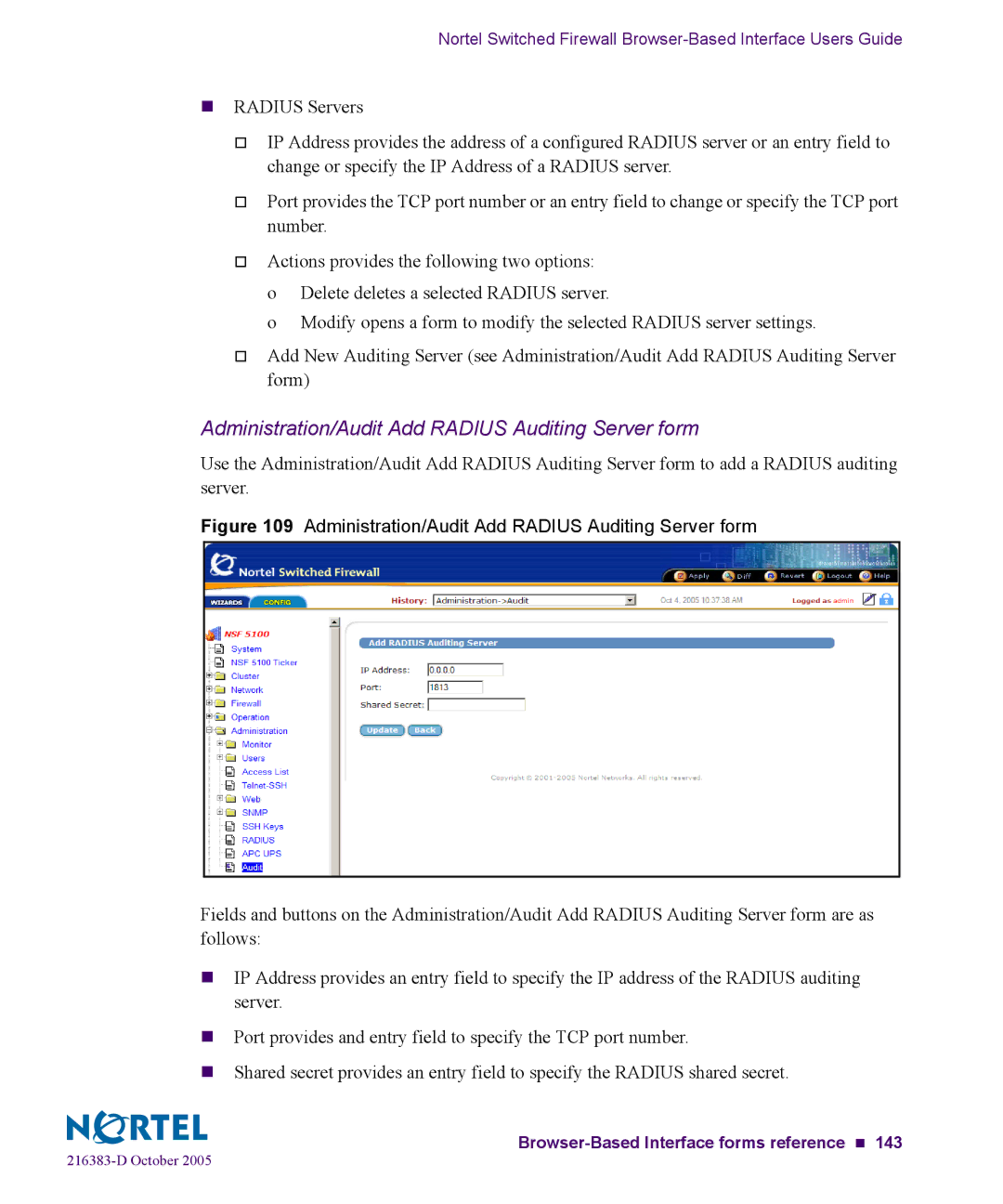 Nortel Networks 5100 manual Administration/Audit Add Radius Auditing Server form 