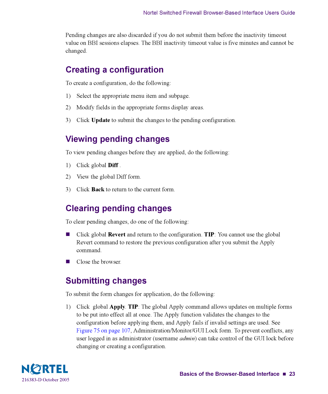 Nortel Networks 5100 manual Creating a configuration, Viewing pending changes, Clearing pending changes, Submitting changes 