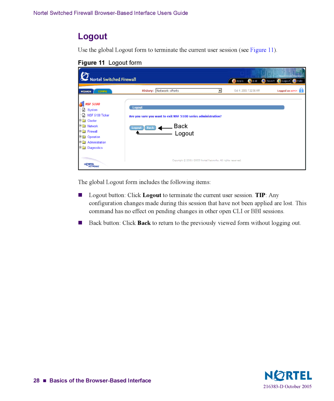 Nortel Networks 5100 manual Logout form Back 