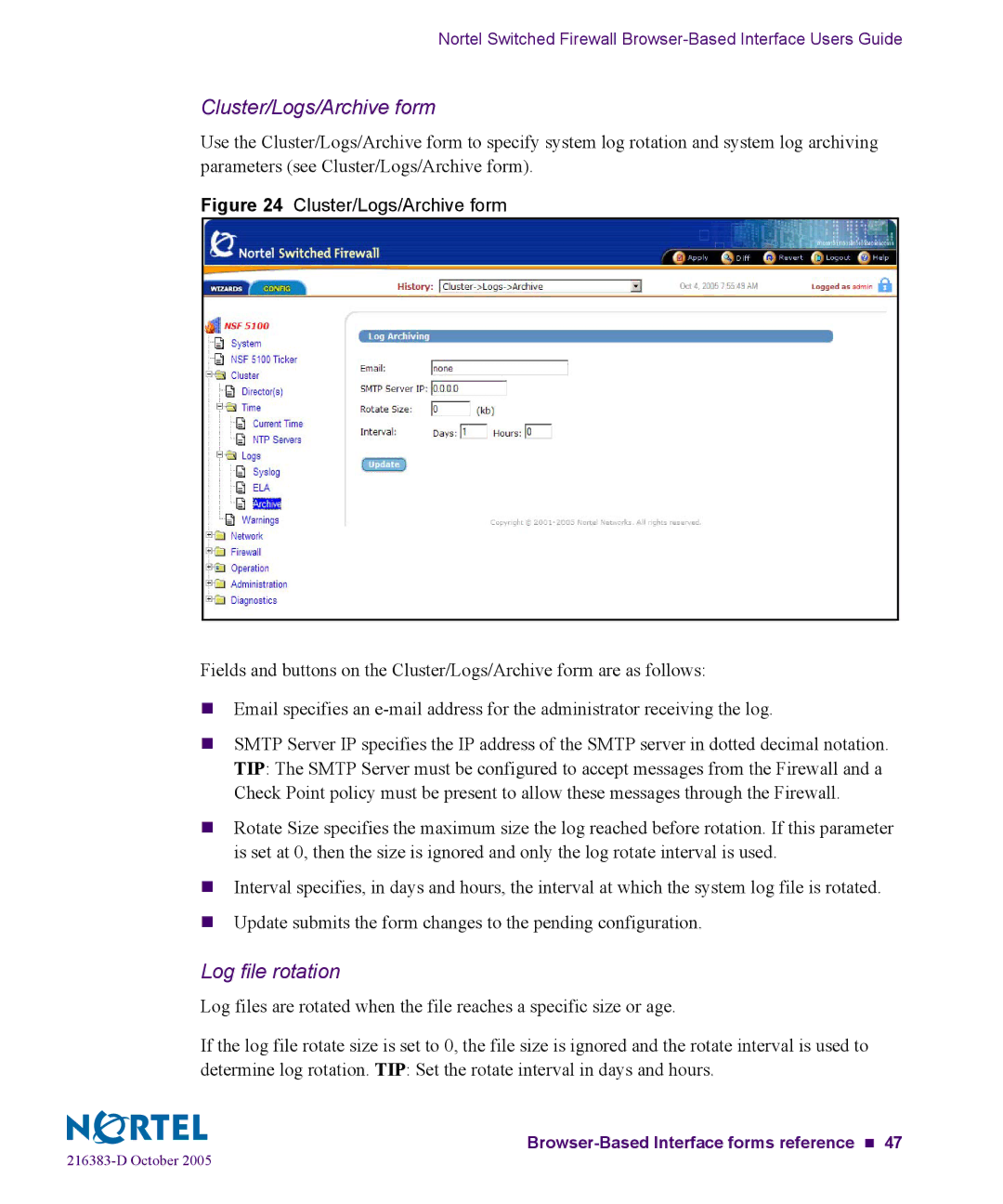 Nortel Networks 5100 manual Cluster/Logs/Archive form, Log file rotation 